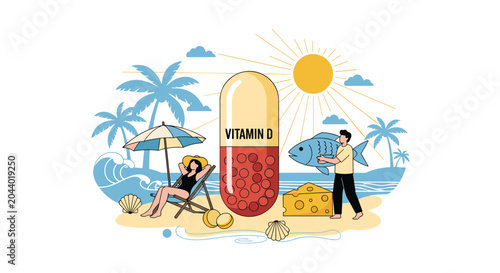 Health and wellness concept illustration showing sources of vitamin D including sunlight, fish, cheese, and dietary supplements.