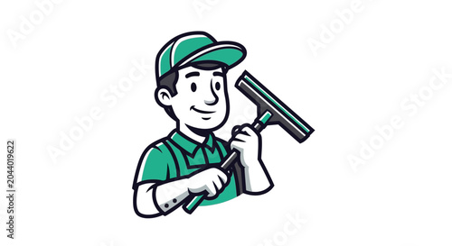 Friendly professional cleaner cartoon mascot character holding a squeegee, ready to provide sparkling window and home cleaning services, depicted in a clean vector illustration