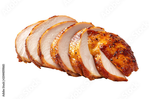 Sliced roast turkey breast with juicy tender meat and golden seasoned skin, isolated on a light background for holiday dining.