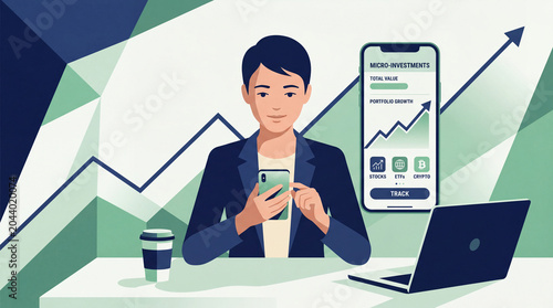 Business man using smartphone to track micro investments portfolio growth with stock market data