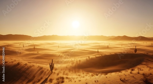 Golden Sunset Over Vast Desert Dunes with Cacti Silhouettes