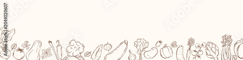 Vegetable Border Line Art Banner, Hand Drawn Organic Food Frame, Minimal Cooking Ingredients Outline, Farm Fresh Veggies Horizontal Background with Copy Space