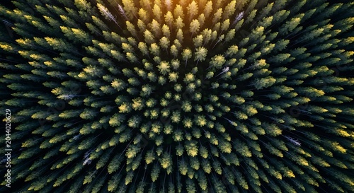 Aerial View of Lush Pine Forest with Radiant Sunlight