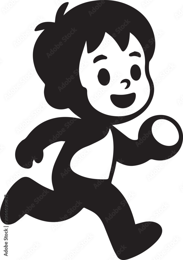 Obraz premium Black silhouette cartoon child running with smiling face isolated on white background in playful pose for design elements