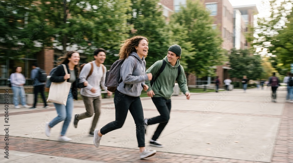 Fototapeta premium Diverse Group of College Students Running Happily Across University Campus Grounds