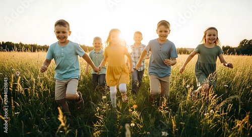 Joyful Children Running Through Sunlit Field at Sunset