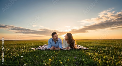 Couple Relaxing on a Blanket in a Scenic Sunset Field