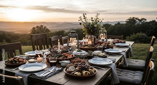 Rustic Outdoor Dining Experience at Sunset in the Countryside