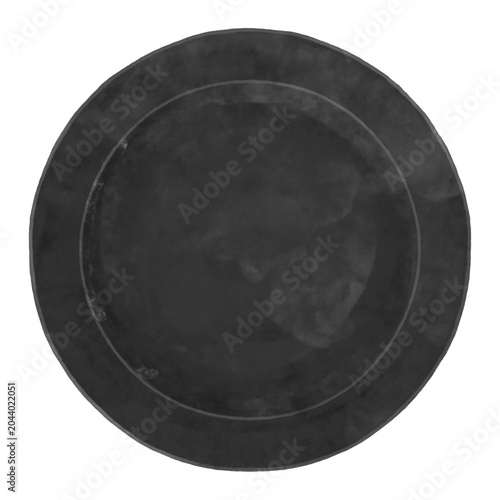 水彩風 シンプルな黒いお皿 俯瞰イラスト / Watercolor simple black dinner plate, top view illustration isolated	
