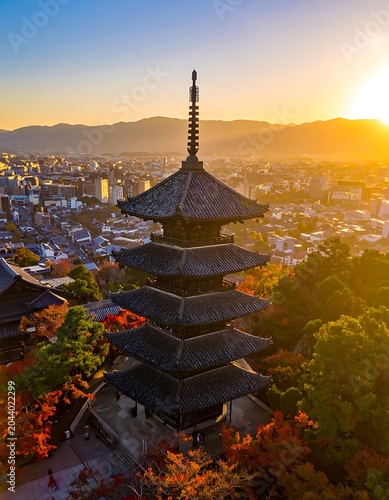 A serene sunset over a cityscape with a traditional pagoda