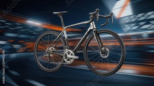 Modern carbon road bike on motion blur background, professional racing bicycle with sleek black frame, high speed cycling performance concept