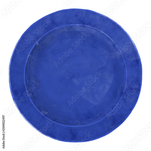 水彩風 シンプルなネイビーのお皿 俯瞰イラスト / Watercolor simple navy dinner plate, top view illustration isolated	