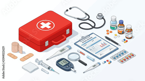 Fotografía Isometric Medical Equipment Illustration Featuring Red First Aid Kit, Stethoscop
