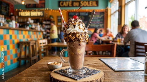 Decadent chocolate milkshake with whipped cream and cherry, gourmet freakshake in a rustic cafe setting, indulgent sweet dessert beverage