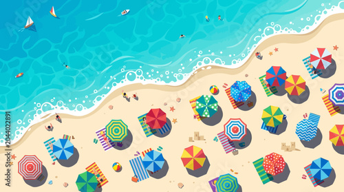 Photos Vibrant flat design illustration of a tropical beach from above, featuring colorful umbrellas, towels, sandcastles, and turquoise ocean water with waves, boats, and people swimming