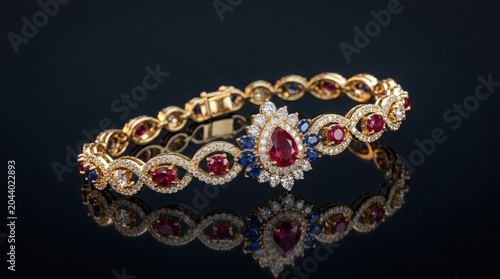Elegant gold bracelet with rubies and diamonds, luxury gemstone jewelry on black background, ornate ruby and sapphire gold bangle for high-end fashion