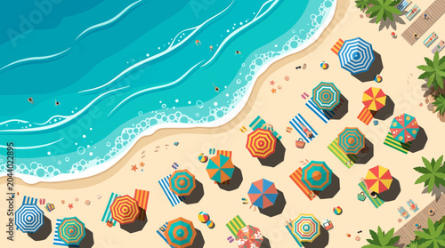 Fotografi Vibrant Top Down Aerial View Illustration of a Sandy Summer Beach with Colorful