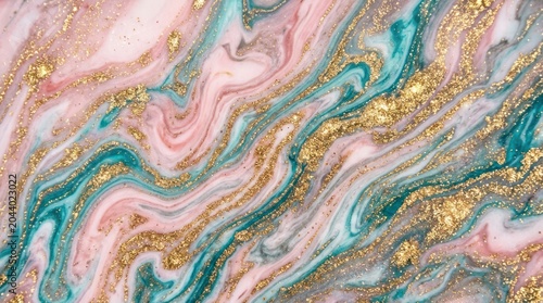 Pink and teal marble background with sparkling gold glitter texture