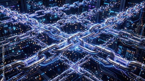Metallic chain links with glowing effects 3d rendering network connection