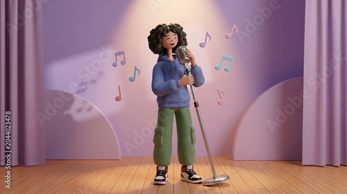 3D Cartoon Character Singing on Stage with Microphone