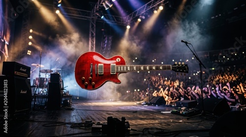 Red electric guitar floating on stage, rock concert music performance with bright spotlights, live arena show with smoke and cheering crowd