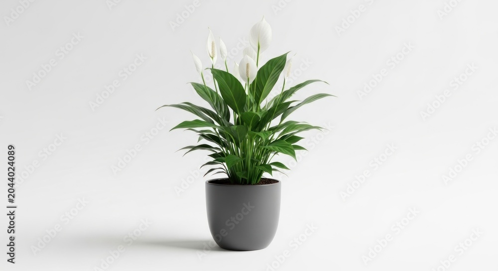 Fototapeta premium A potted plant with white flowers and green leaves in a dark gray pot