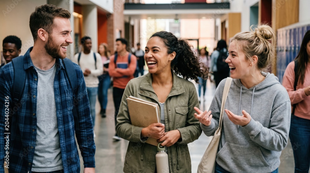 Obraz premium Diverse Group of Young Adult College Students Laughing and Talking in University Hallway