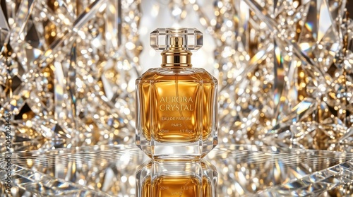 Luxury gold perfume bottle on crystal background, elegant glass fragrance spray with diamond bokeh, premium beauty product photography for cosmetic branding