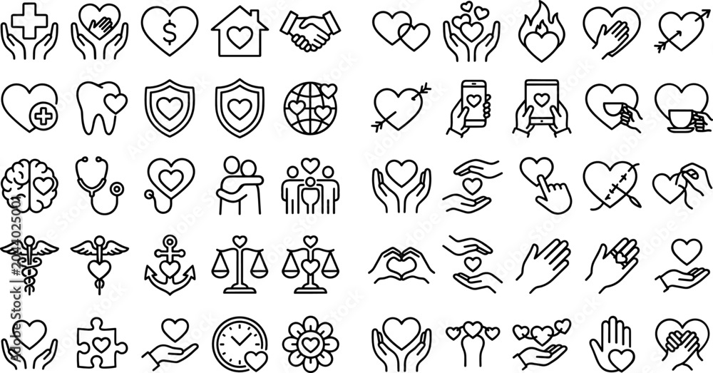Fototapeta premium Comprehensive Charity and Healthcare Icon Set Featuring Medical Care Heart Symbols Global Health Dental Protection and Social Support Illustrations