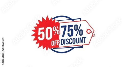 A promotional graphic featuring overlapping red and white discount tags with percentages