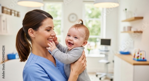 Caring nurse holding a giggling baby in a healthcare setting