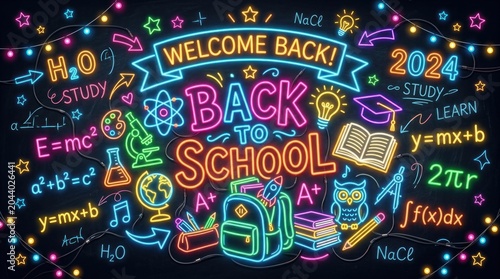 Back to school neon illustration with academic symbols and equations