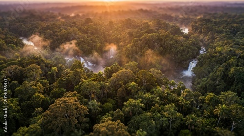 Golden Rainforest Landscape with River Wildlife at Sunrise