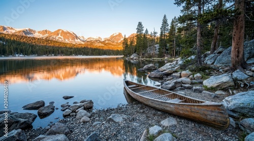 Lake landscape with boat on sunny shore
