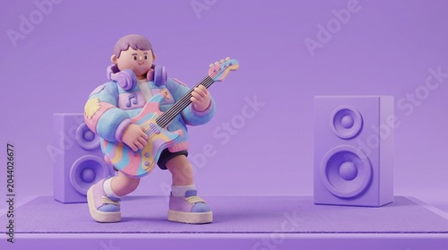 3D Cartoon Boy Playing Electric Guitar with Speakers