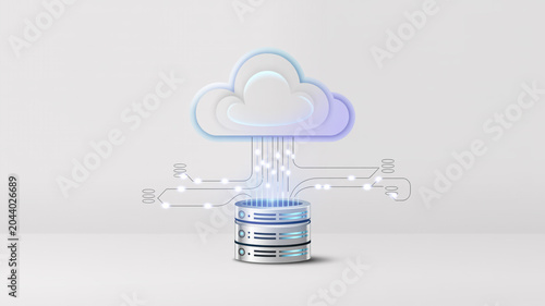 Futuristic cloud data transfer to server with glowing circuit lines
