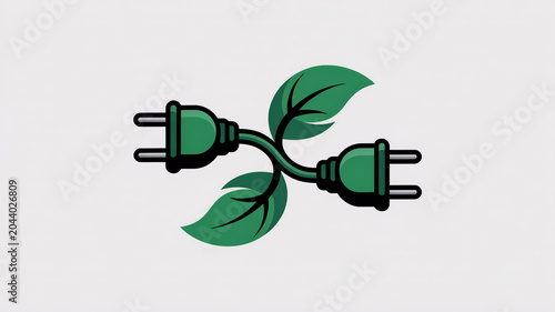 Green electrical plugs connected by a vine with leaves symbolizing eco energy