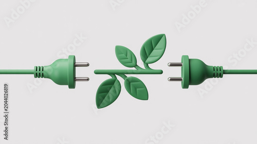 Green electrical plugs and cable intertwined with a plant vine for green energy