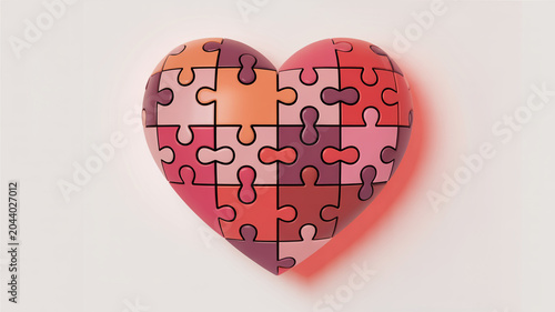 Heart shaped puzzle with warm pastel color pieces on a light background