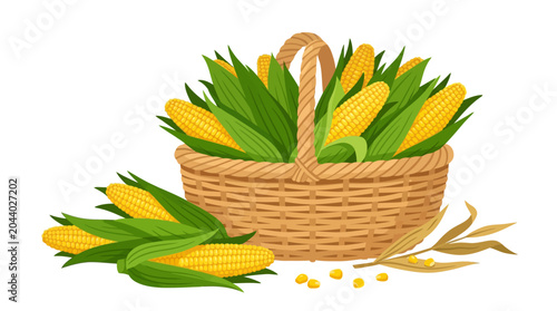 A wicker basket overflowing with ears of corn sits beside scattered corn on the ground outdoors.