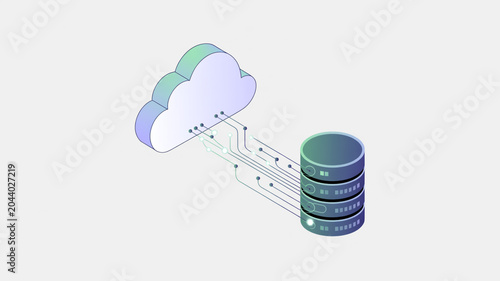 Isometric cloud data connection to server with gradient colors and circuits