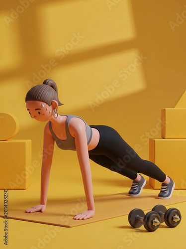 3D Cartoon Woman Doing Plank Exercise on Yoga Mat

