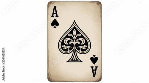 Vintage ace of spades playing card with distressed edges and white background