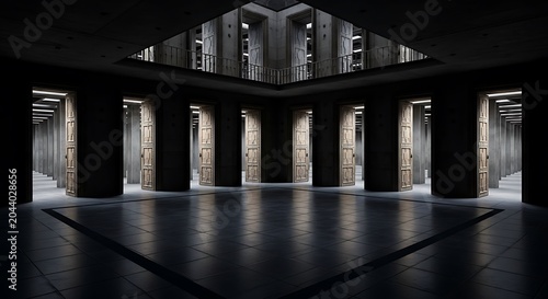 Empty square room with dark architectural interior with infinite open doors, endless corridor of doorway, walkaway, labyrinth