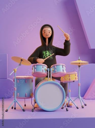 3D Cartoon Drummer Playing Drums