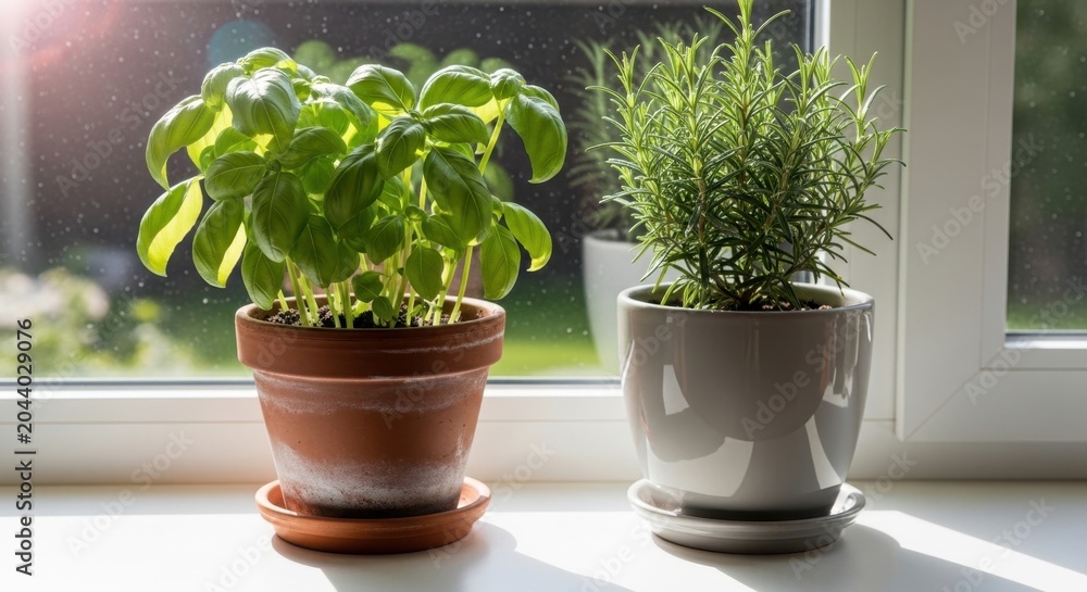 Fototapeta premium Fresh Basil and Rosemary Herbs Growing on a Sunny Kitchen Windowsill