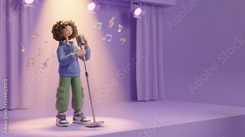 3D Cartoon Character Singing on Stage with Microphone
