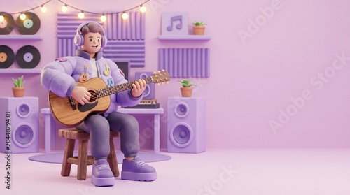 3D Cartoon Man Playing Acoustic Guitar in Music Studio
