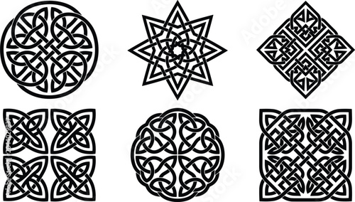 Schilderij op canvas Celtic knot vector design set, traditional black symbols for Irish culture and p