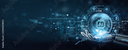 Konstfotografi Robot hand firmly hold ARTIFICIAL INTELLIGENCE neural networks for global automation